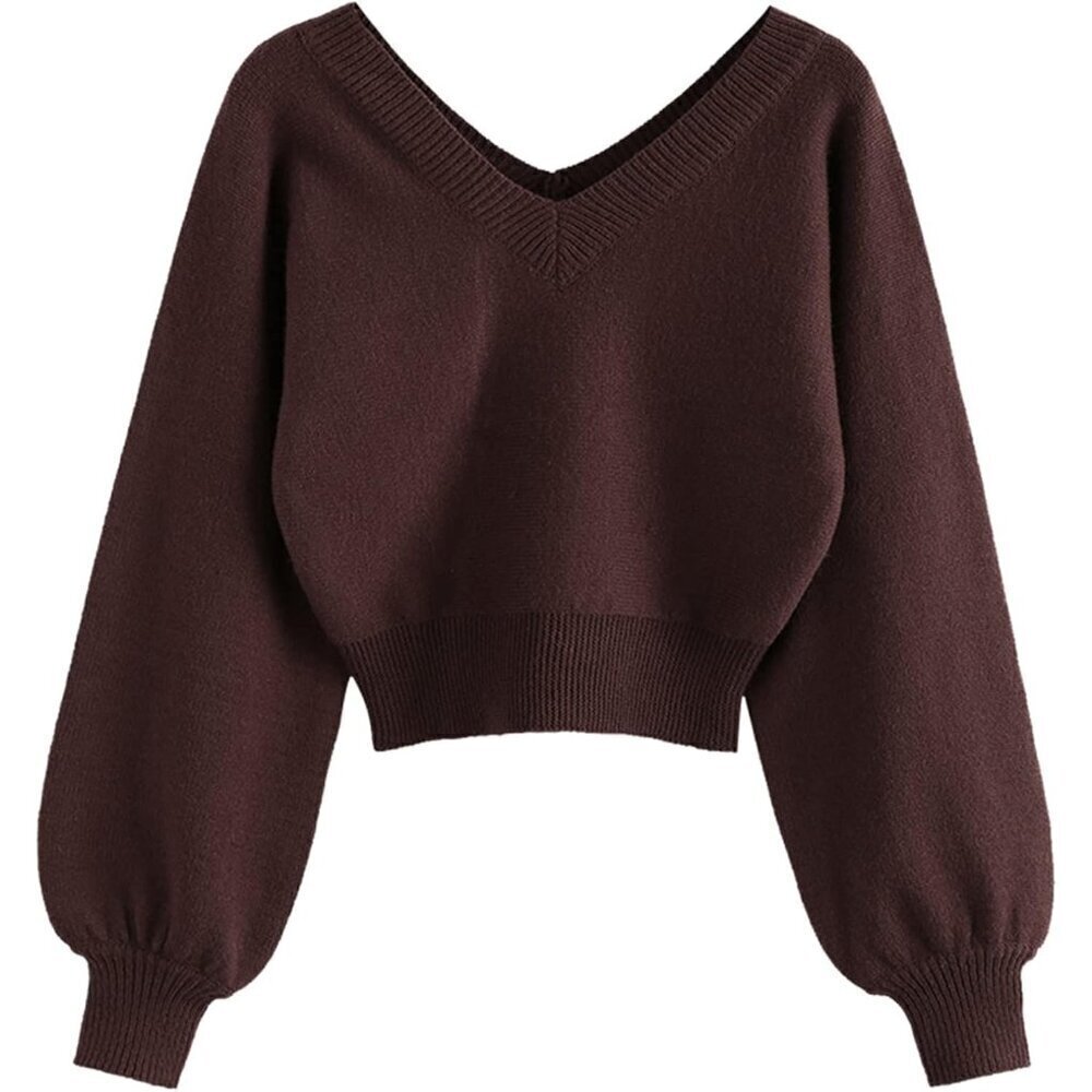 ZAFUL Women's Cropped Sweater deep Coffee V-Neck Long Sleeve Crop Sweater
